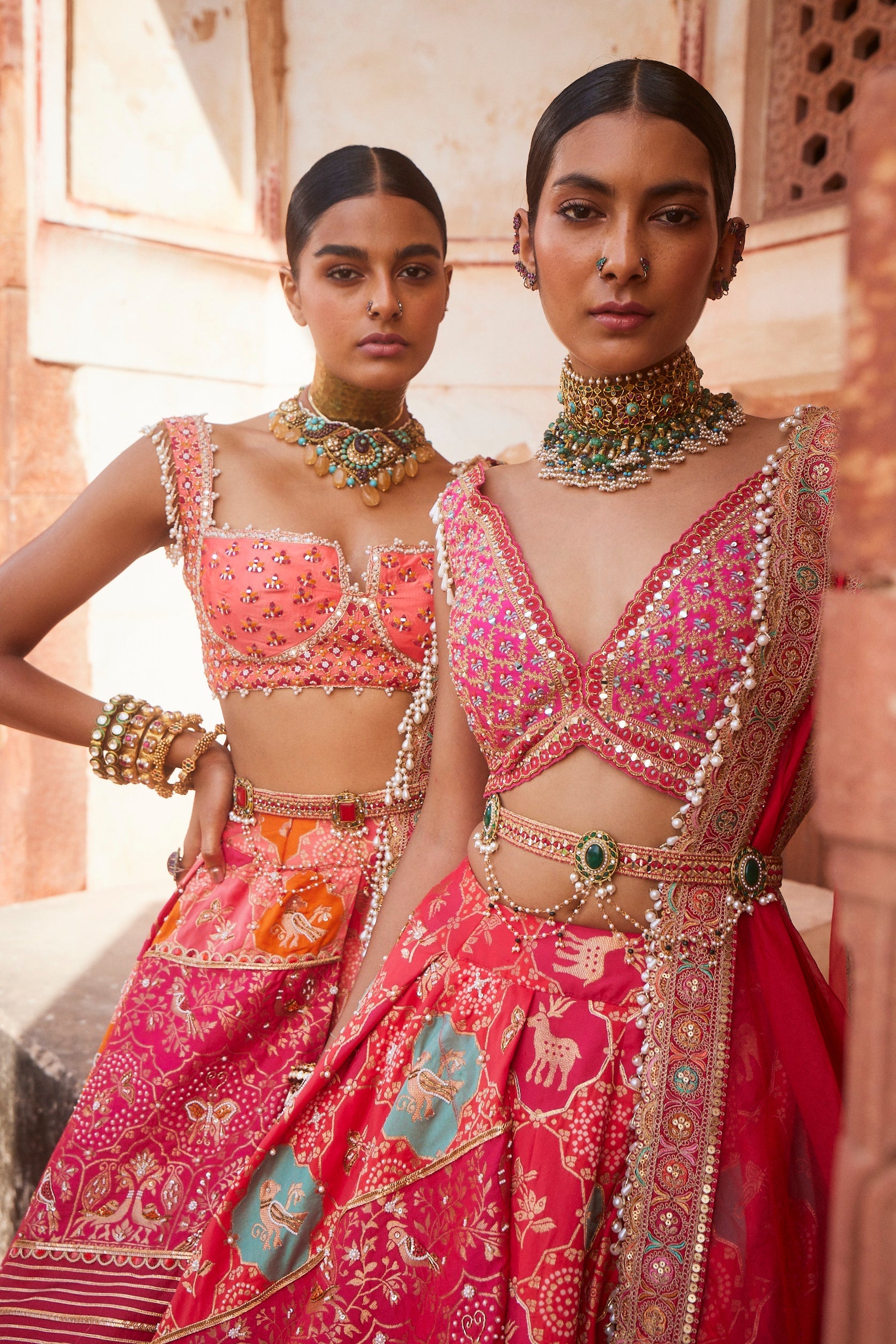 Women's Coral Banarsi Woven Lehenga Set