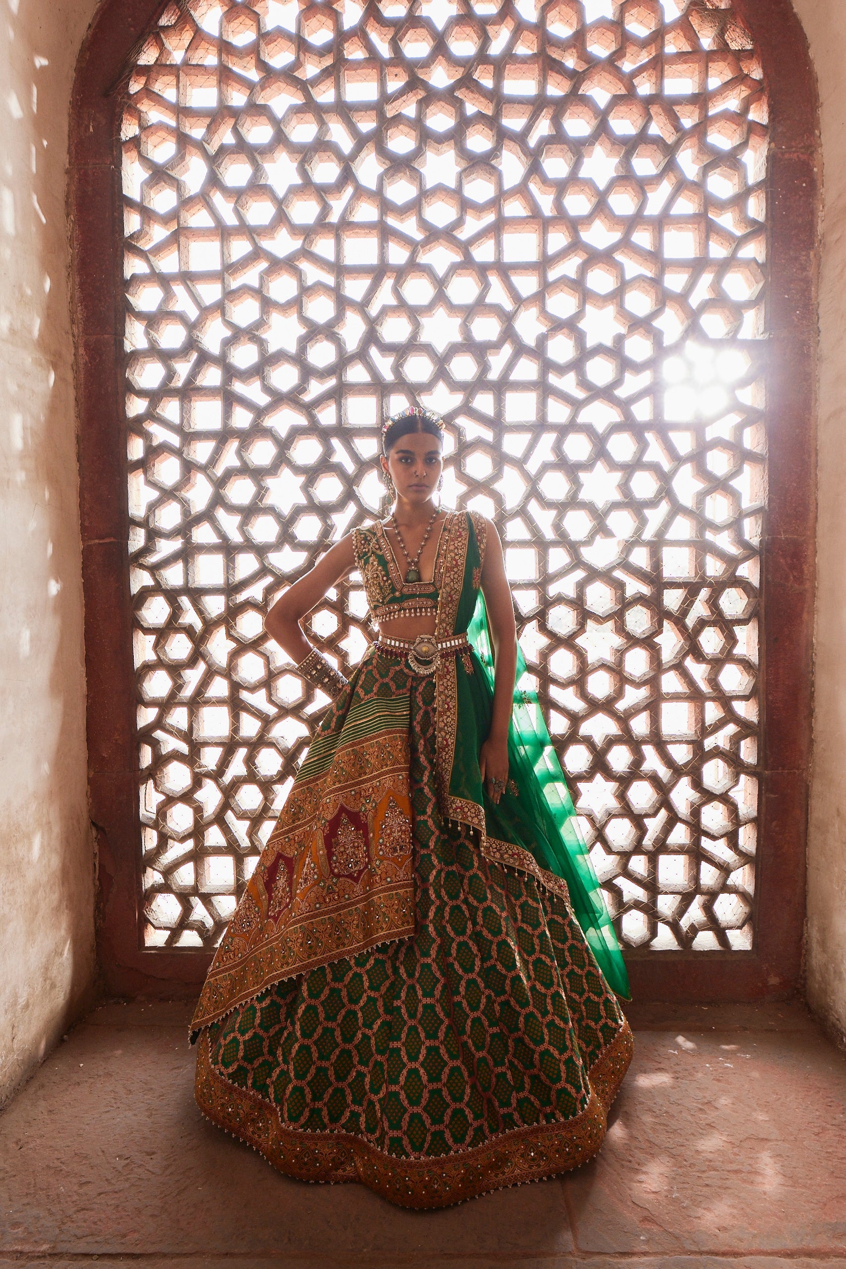 Women's Emerald Green Bandhani Banarasi Lehenga