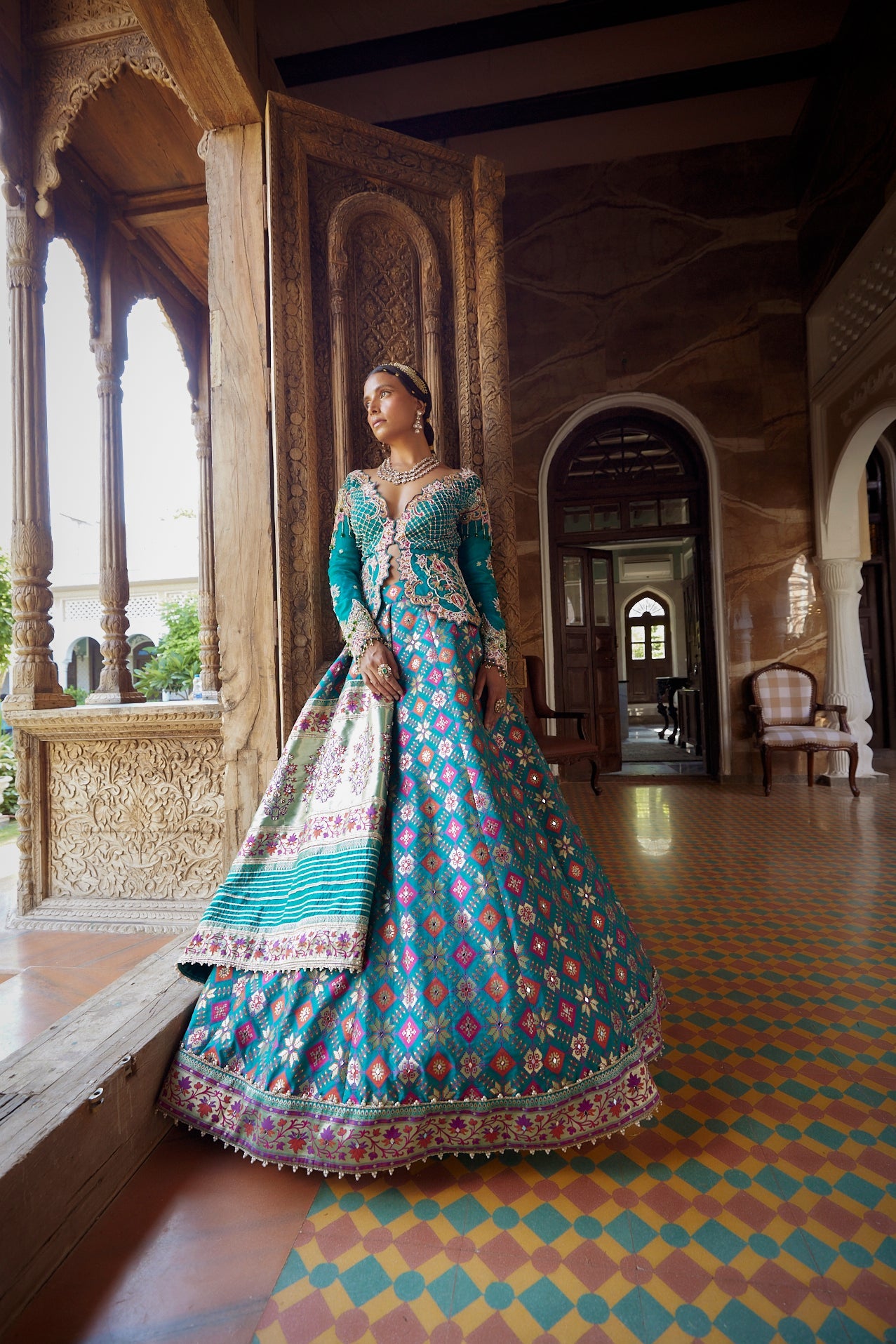 Women's Teal Patola Woven Jacket-Lehenga