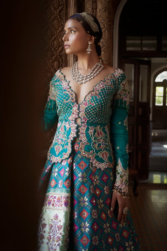 Women's Teal Patola Woven Jacket-Lehenga 