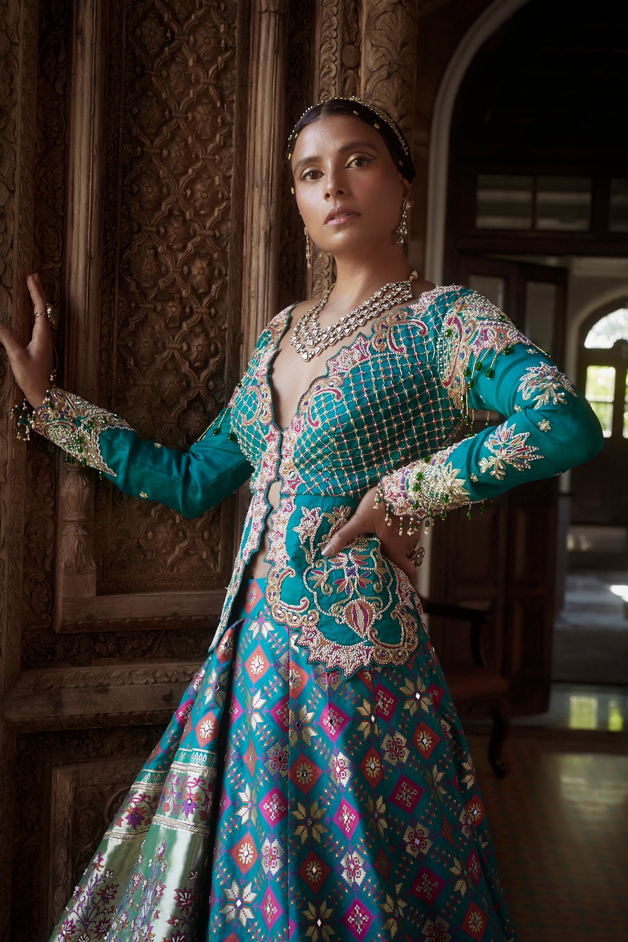 Women's Teal Patola Woven Jacket-Lehenga 