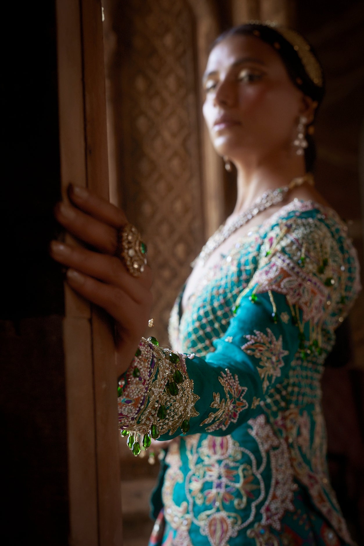 Women's Teal Patola Woven Jacket-Lehenga