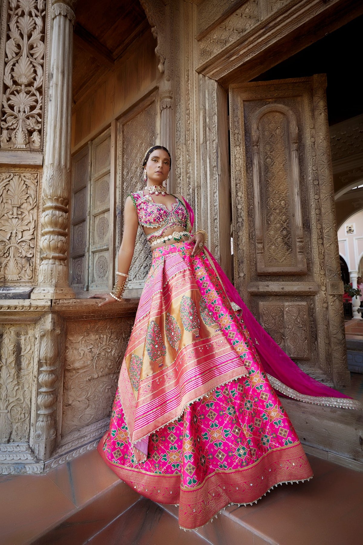 Women's Hot Pink Patola Woven Lehenga Set