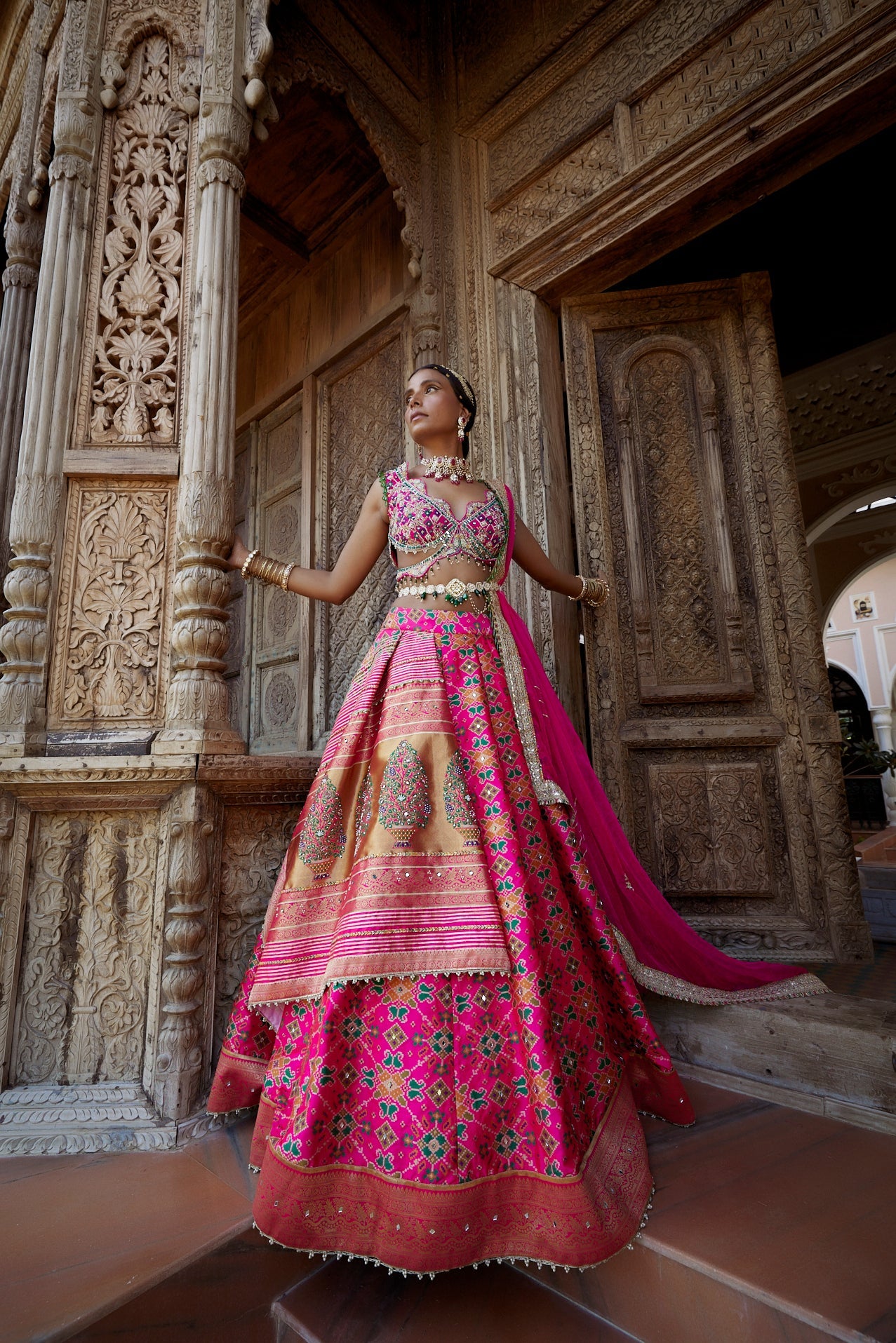 Women's Hot Pink Patola Woven Lehenga Set