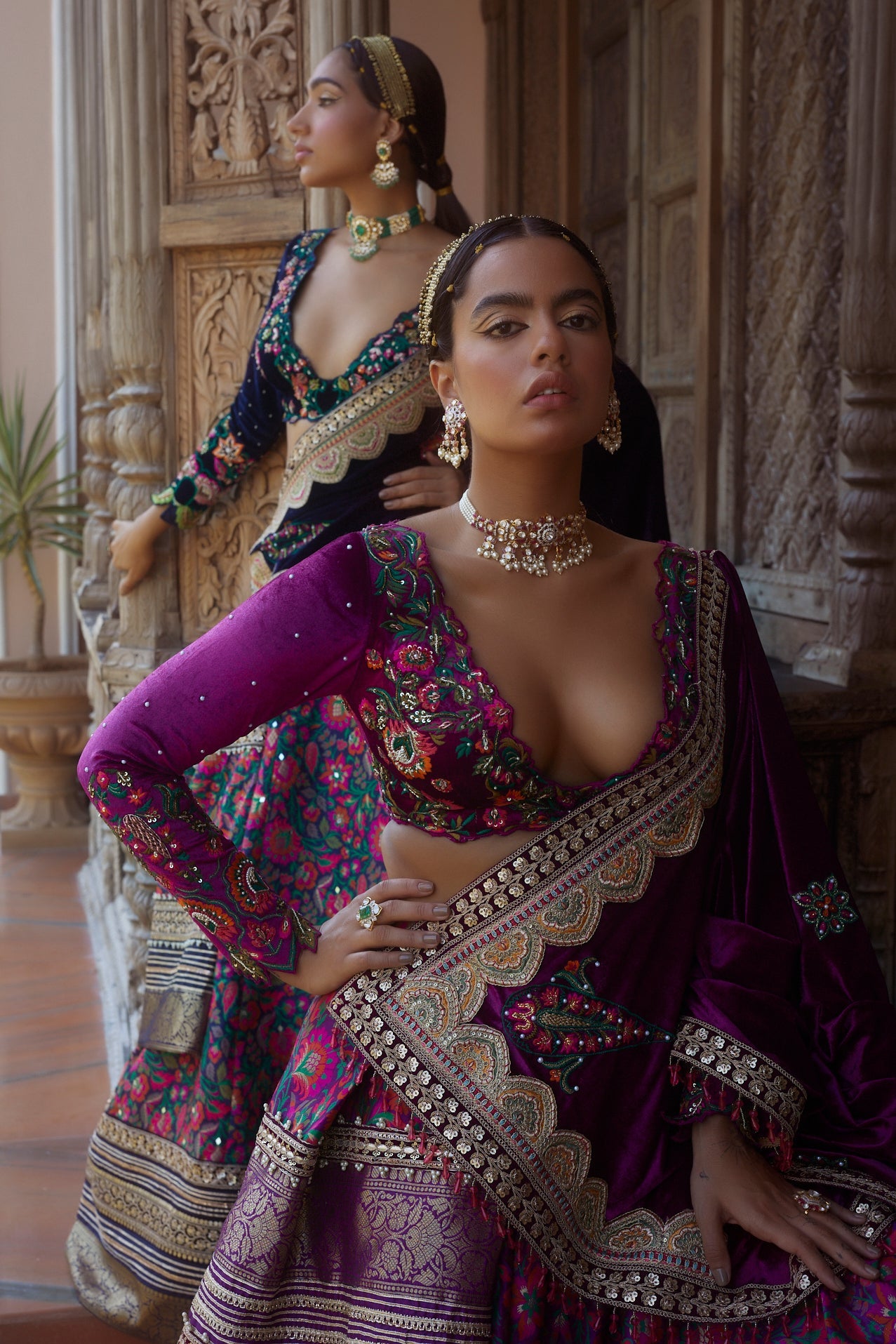 Women's Purple Floral Jamawar Lehenga Set 