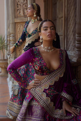 Women's Purple Floral Jamawar Lehenga Set 