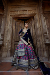 Women's Blue Floral Velvet Jamawar Lehenga