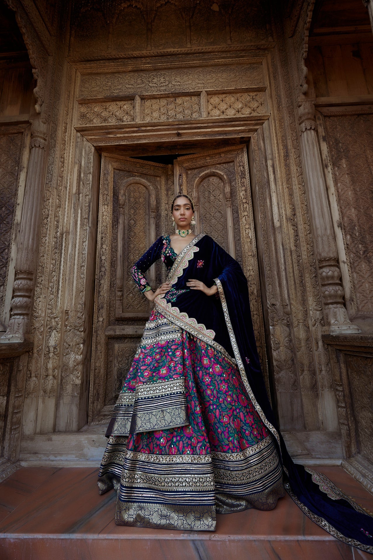 Women's Blue Floral Velvet Jamawar Lehenga