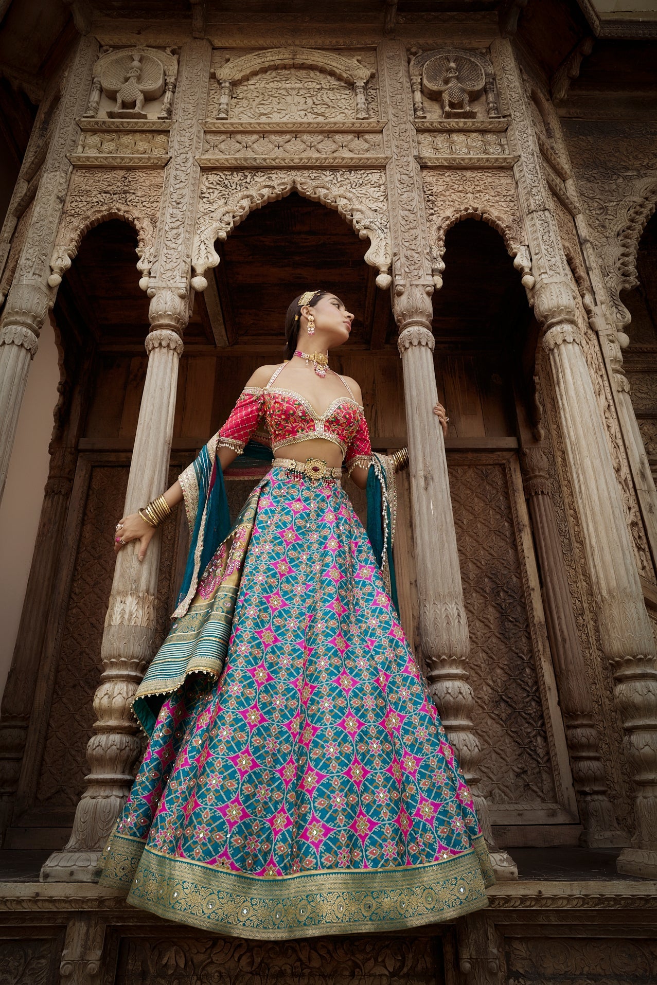 Women's Teal Blue Patola Woven Lehenga Set