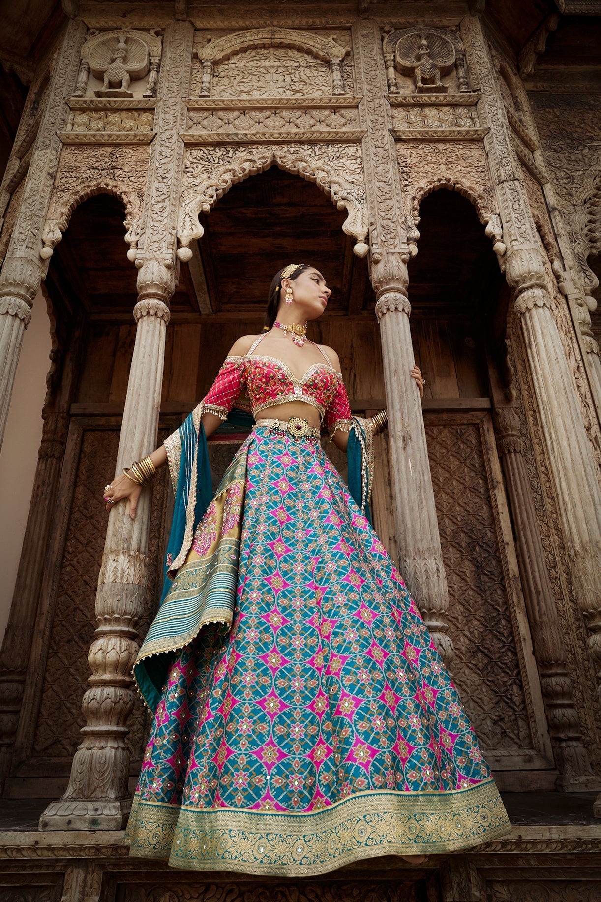 Women's Teal Blue Patola Woven Lehenga Set