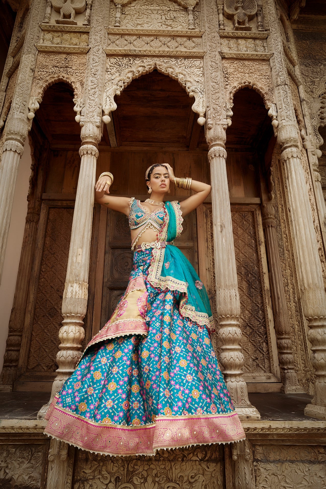 Women's Teal Blue-Purple Patola Lehenga Set
