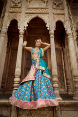 Women's Teal Blue-Purple Patola Lehenga Set