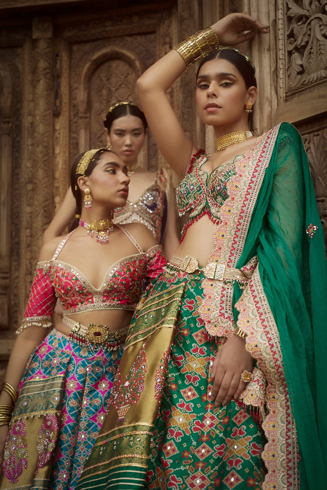 Women's Dark Green Patola Woven Lehenga Set | Aditi Gupta