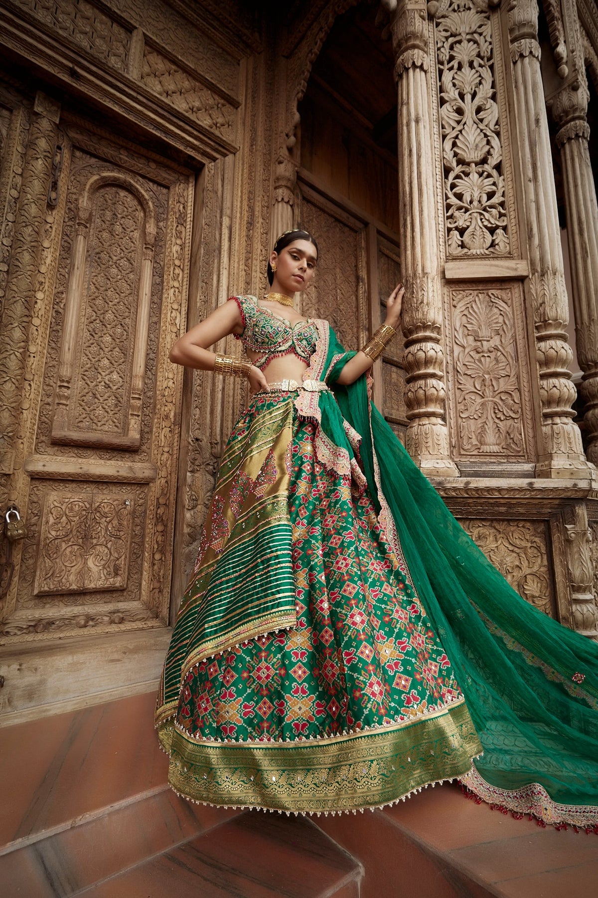 Women's Dark Green Patola Woven Lehenga Set | Aditi Gupta