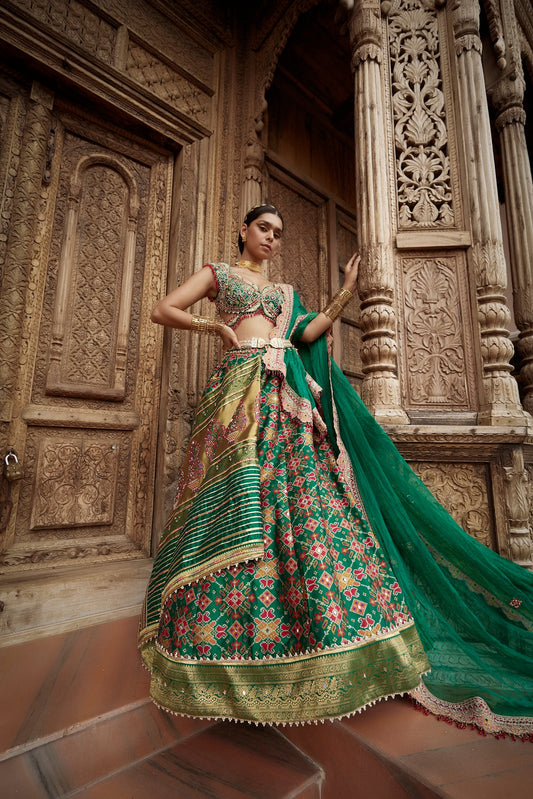 Women's Dark Green Patola Woven Lehenga Set | Aditi Gupta