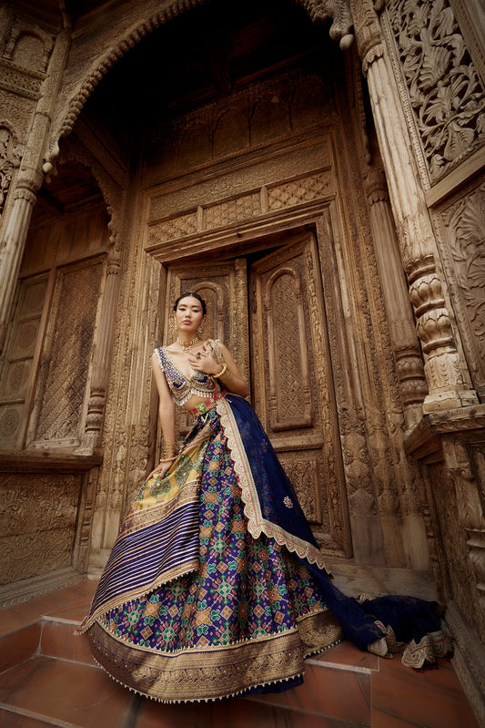 Women's Deep Blue Patola Woven Lehenga Set