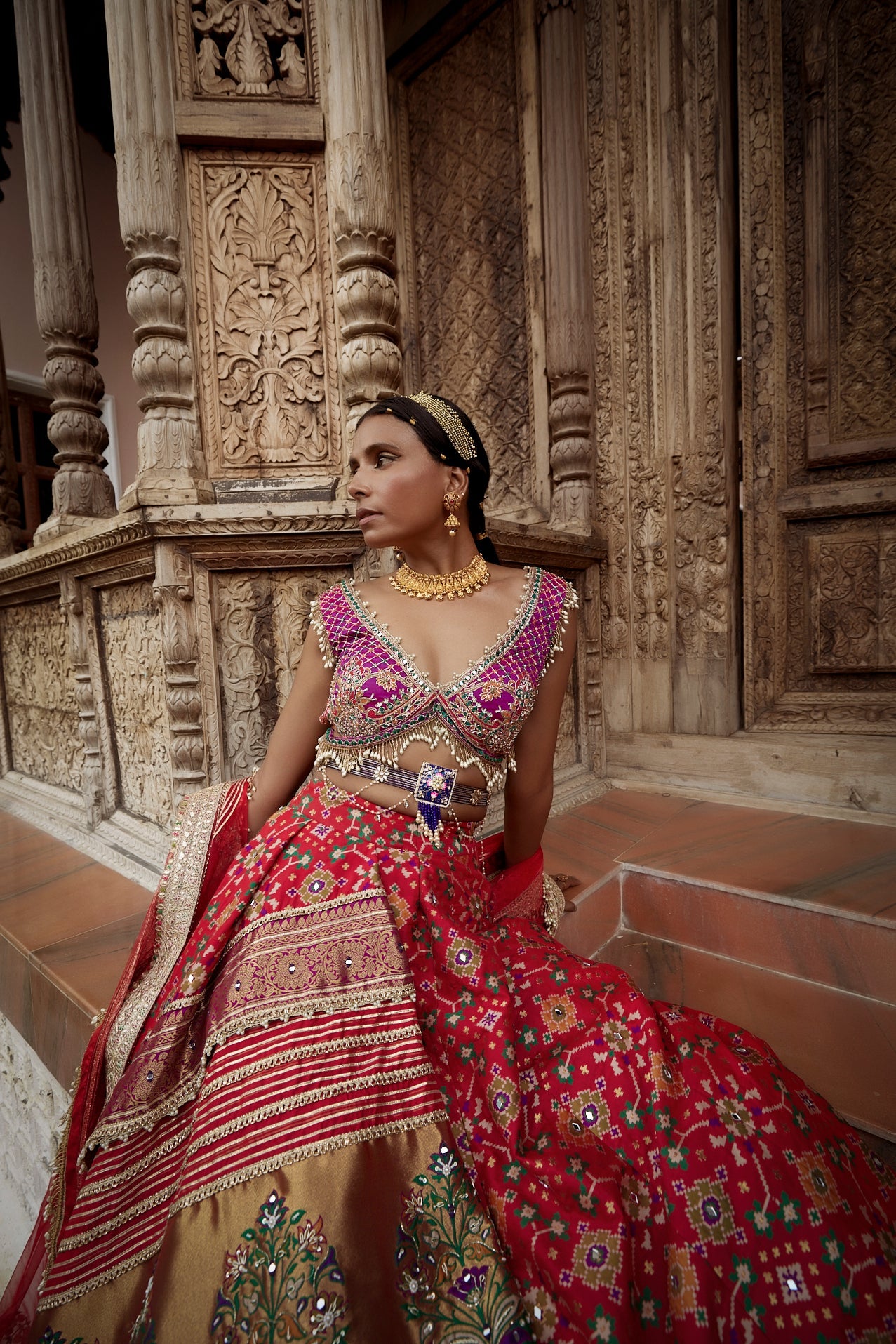 Women's Red Patola Woven Embroidered Lehenga