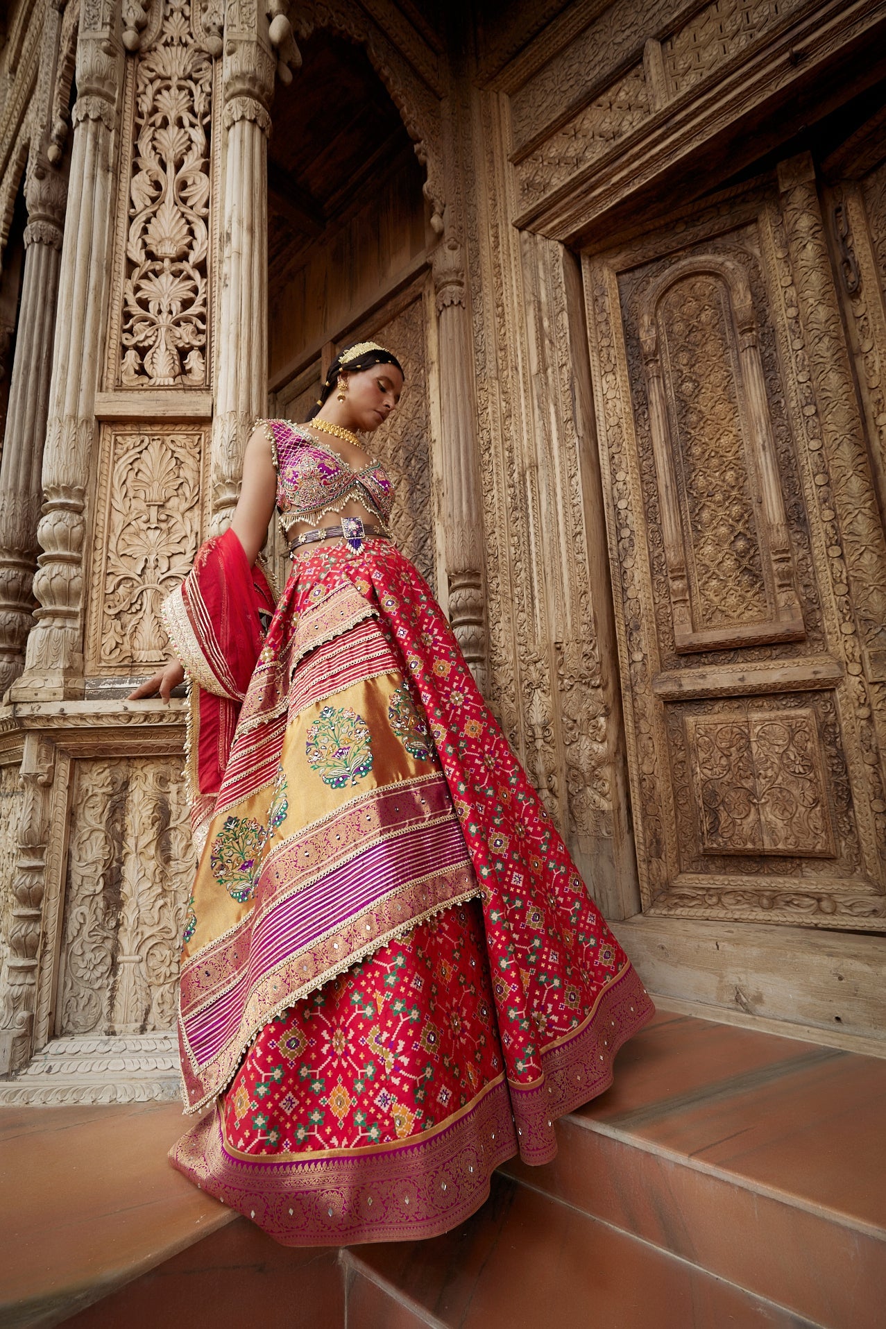 Women's Red Patola Woven Embroidered Lehenga