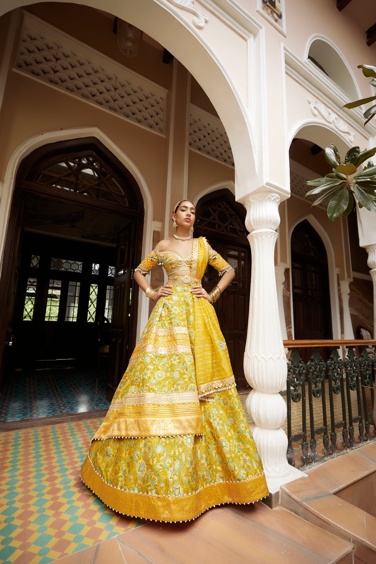 Buy Women's Yellow Floral Jamawar Lehenga Set