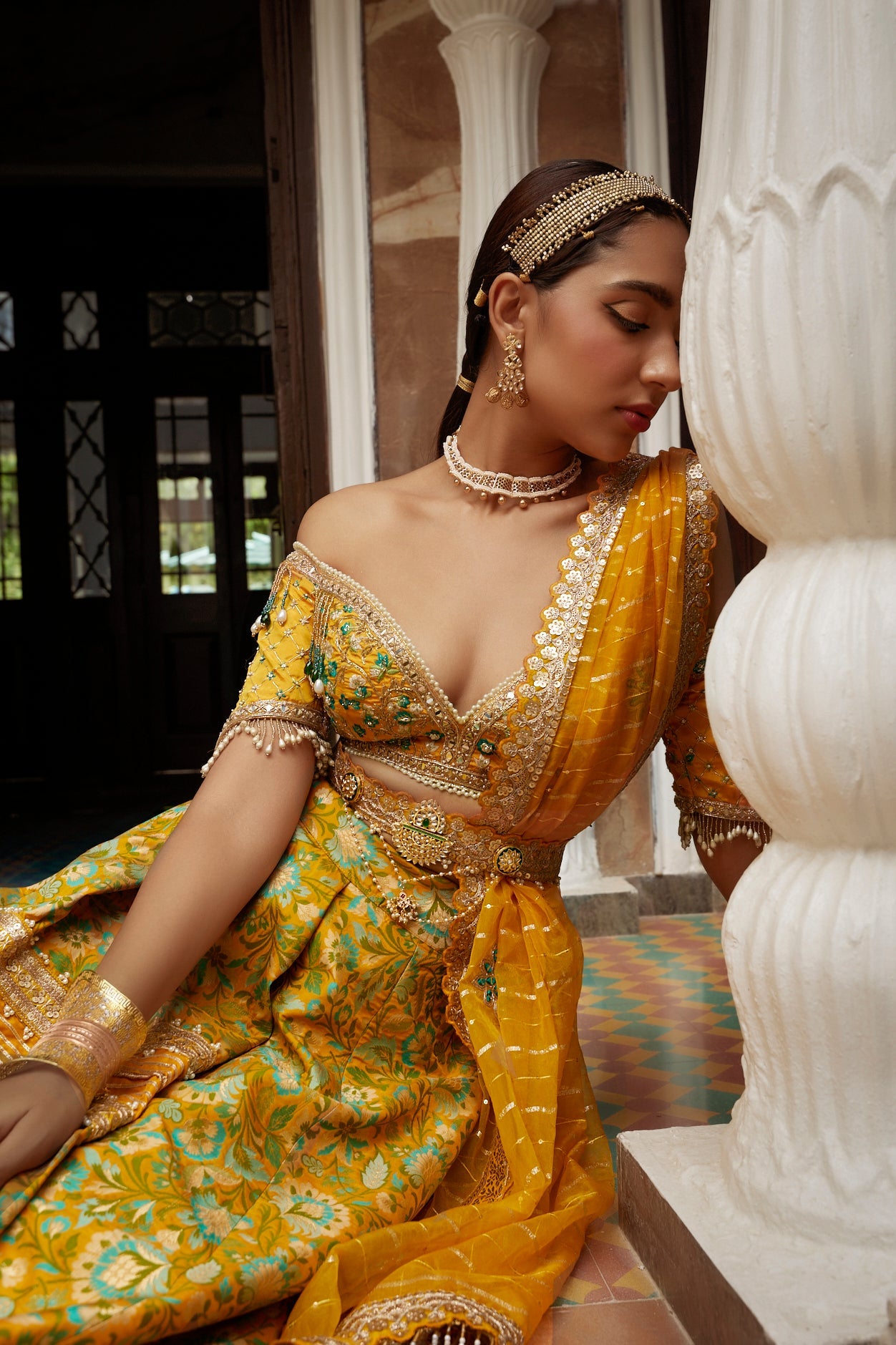 Buy Women's Yellow Floral Jamawar Lehenga Set