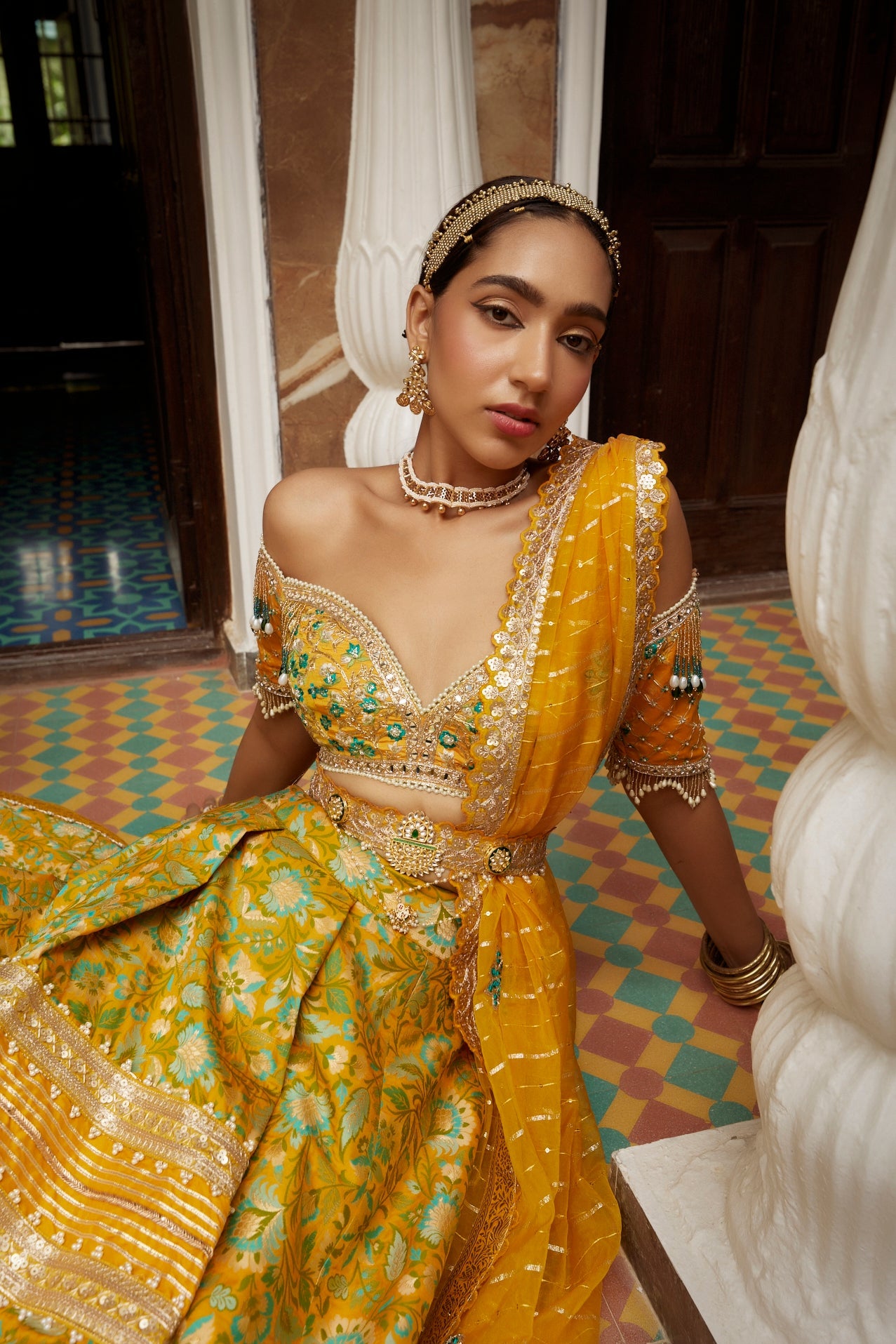 Buy Women's Yellow Floral Jamawar Lehenga Set