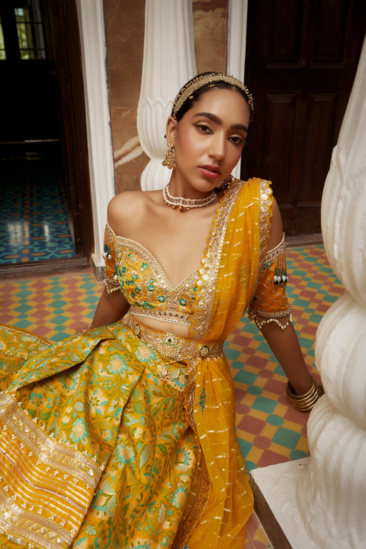 Buy Women's Yellow Floral Jamawar Lehenga Set