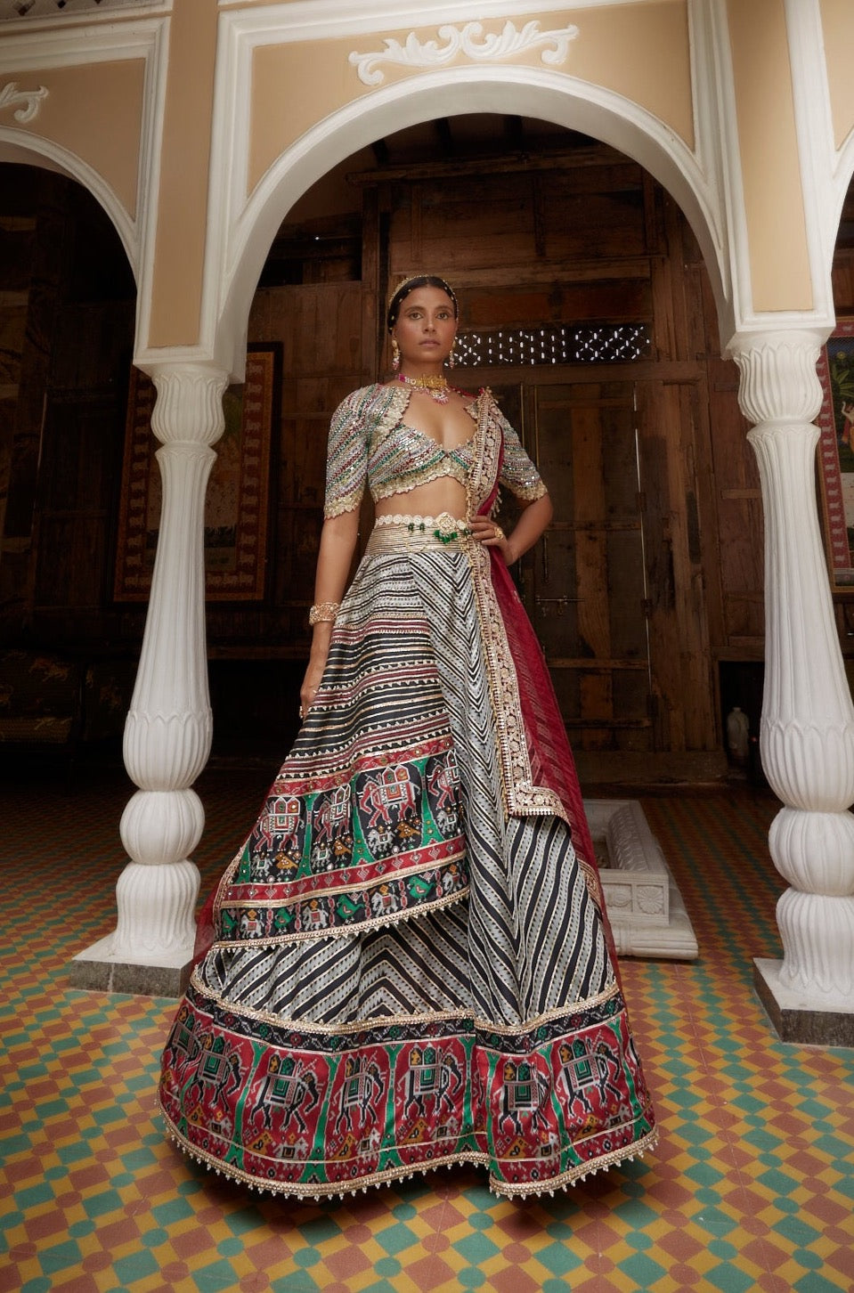 black and White Chevron Patola Lehenga Set