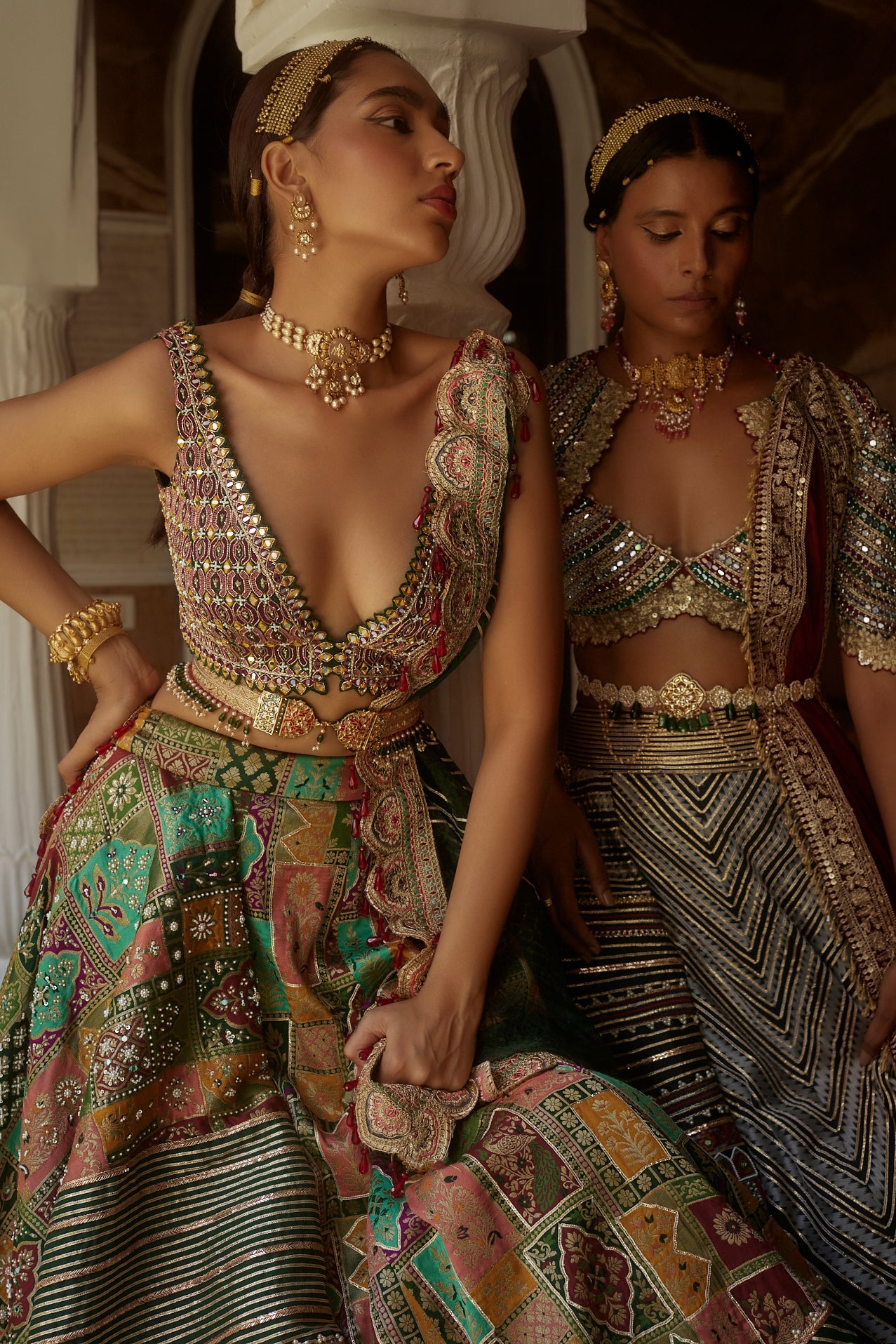 Women's Green Abstract Jamawar Banarasi Lehenga