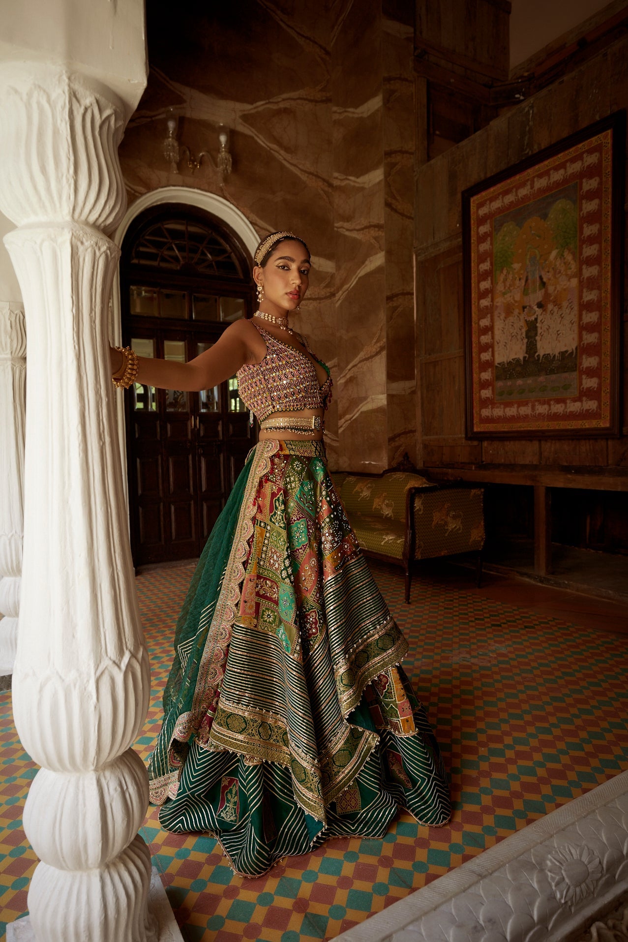 Women's Green Abstract Jamawar Banarasi Lehenga