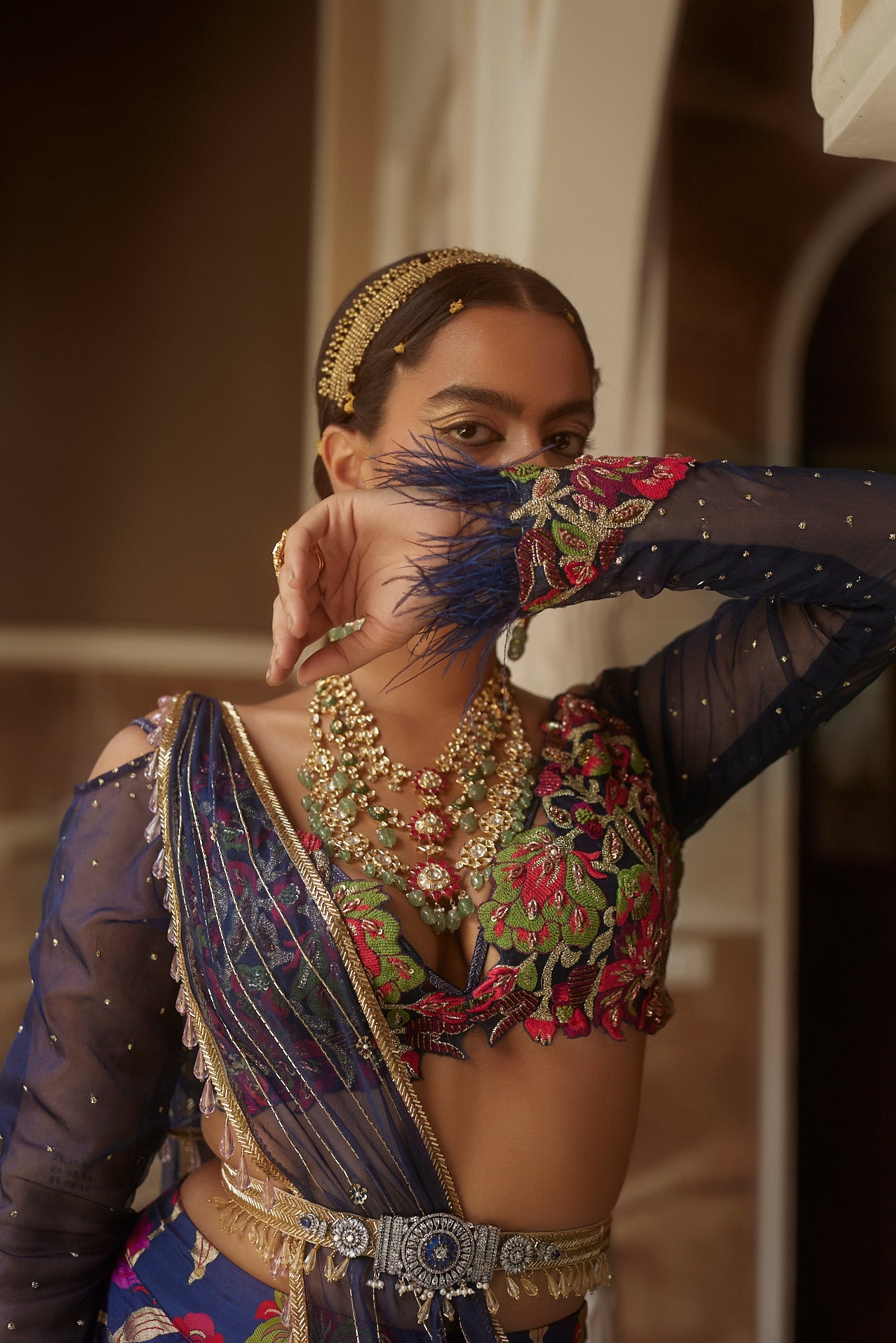 Women's Dark Blue Floral Lehenga Set