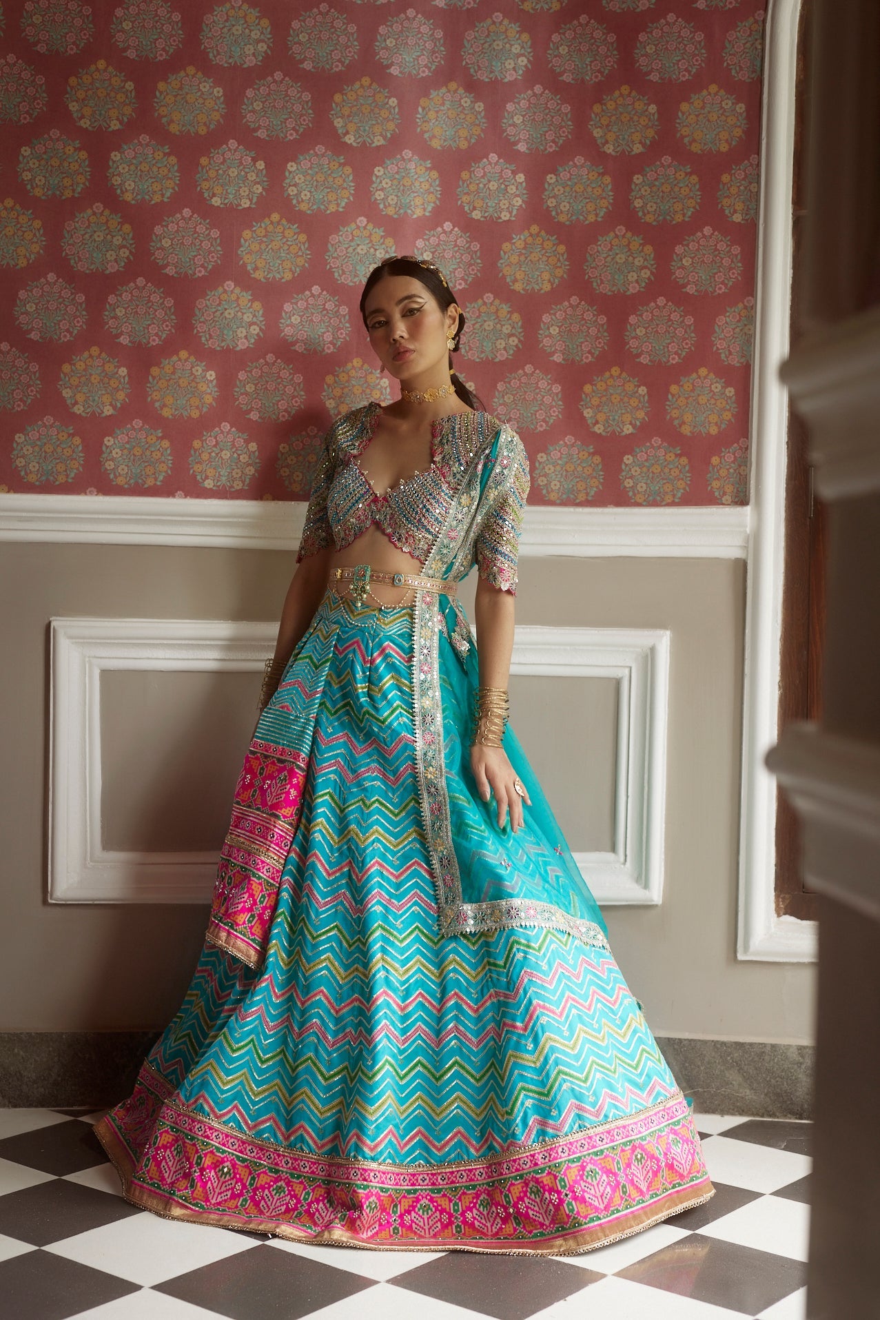 Women's Firozi Chevron Patola Woven Lehenga