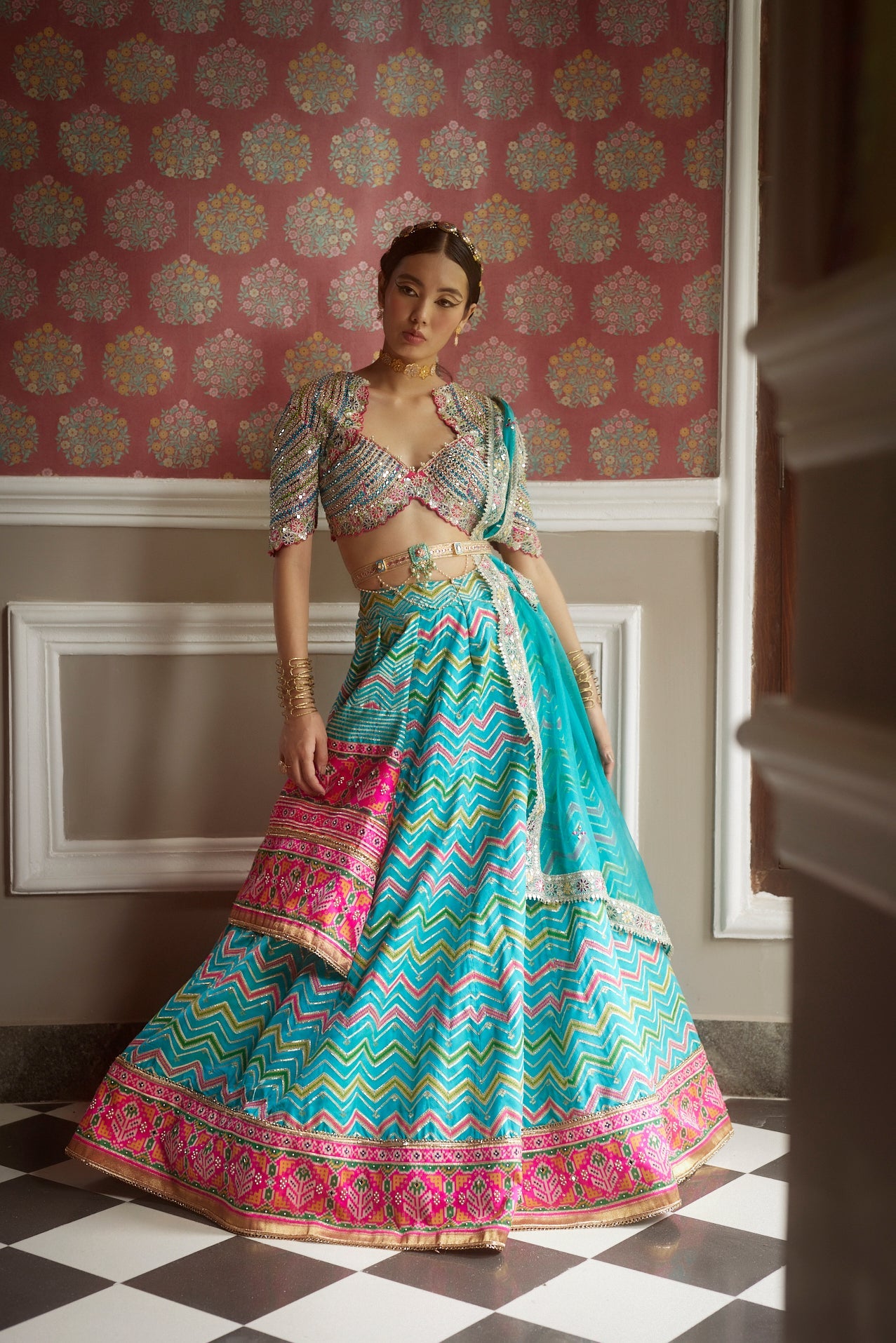 Women's Firozi Chevron Patola Woven Lehenga