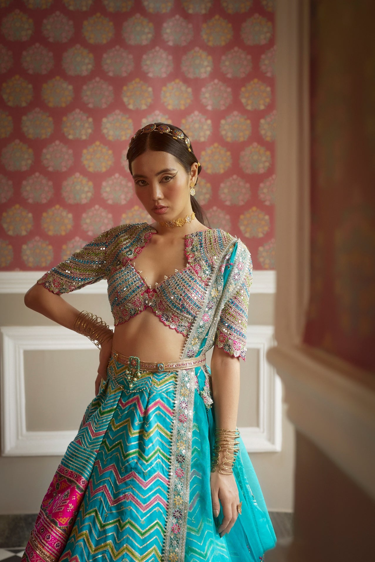 Women's Firozi Chevron Patola Woven Lehenga