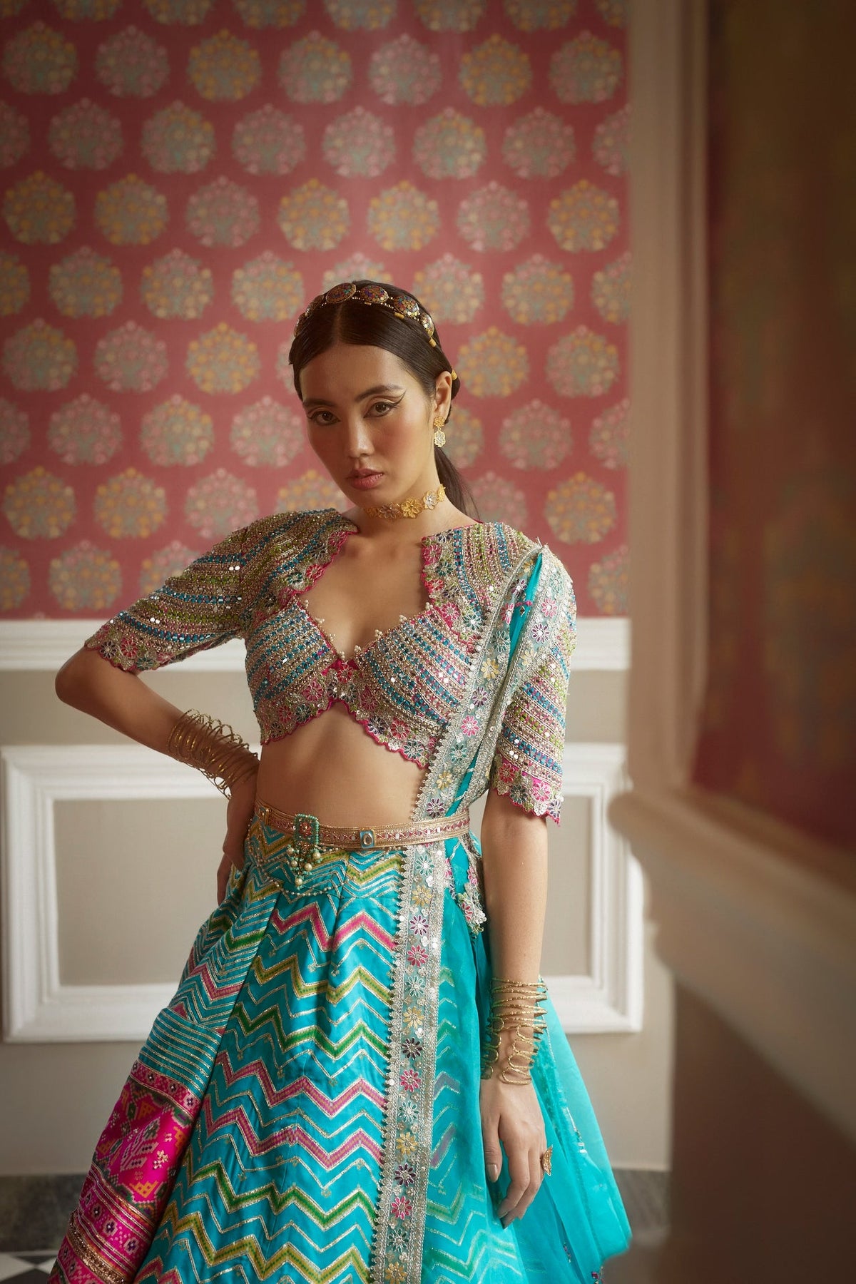 Women's Firozi Chevron Patola Woven Lehenga