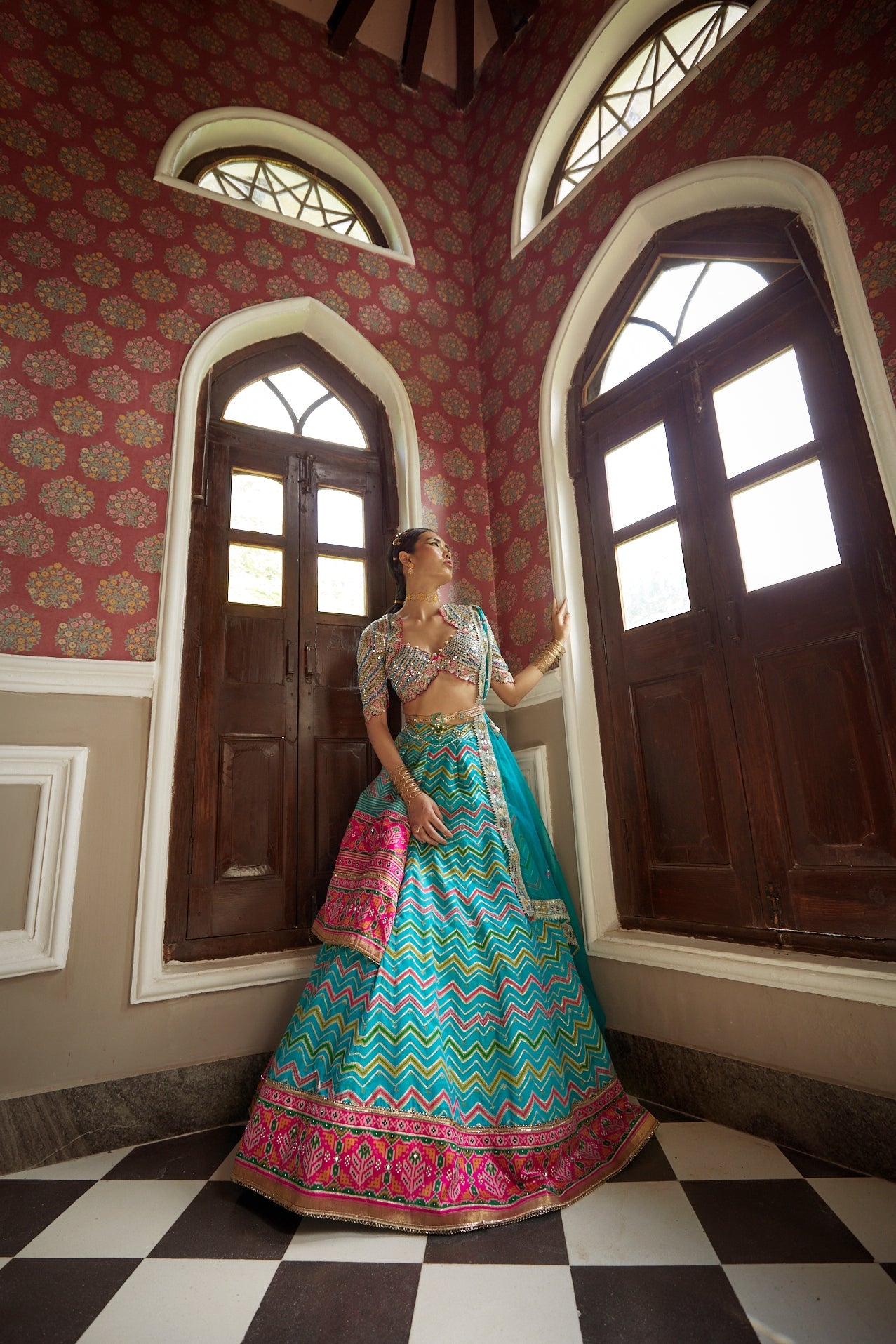 Women's Firozi Chevron Patola Woven Lehenga