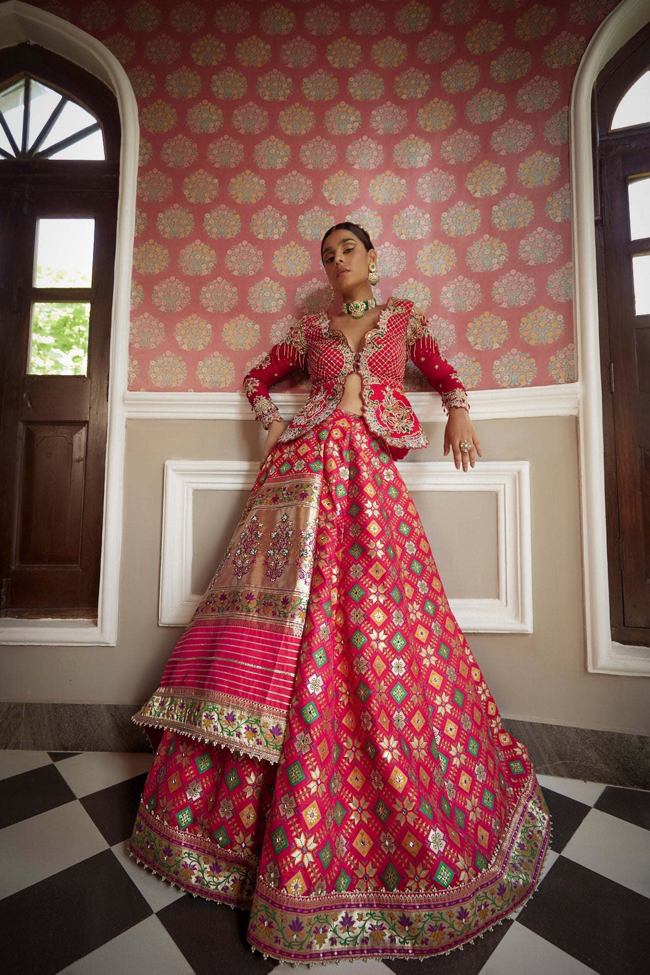 Women's Coral Patola Woven Jacket Lehenga Set