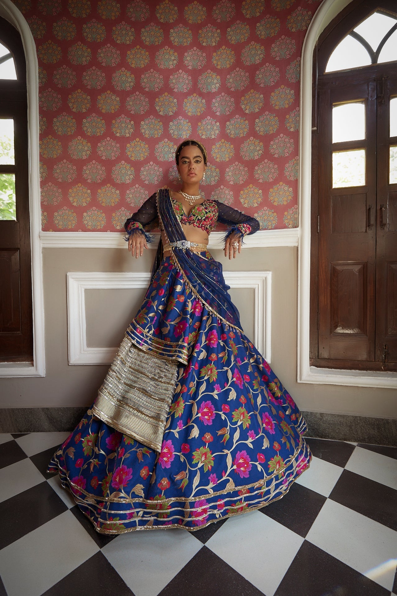 Women's Dark Blue Floral Lehenga Set