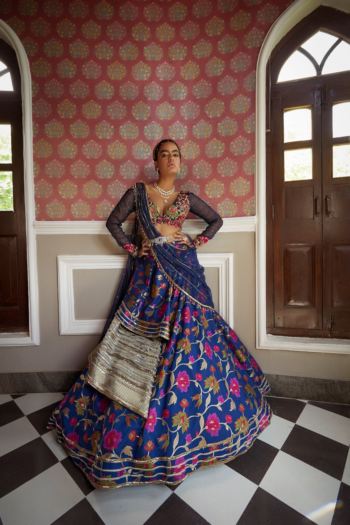 Women's Dark Blue Floral Lehenga Set