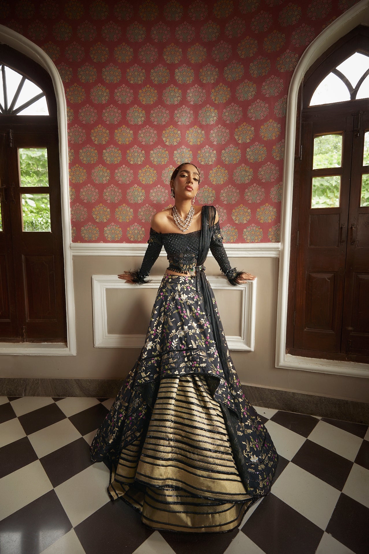 Women's Black Floral Embroidered Lehenga Set