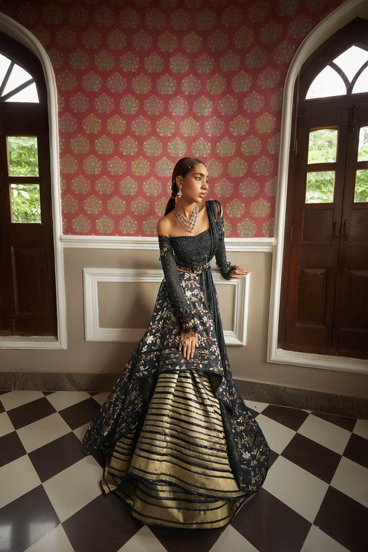 Women's Black Floral Embroidered Lehenga Set