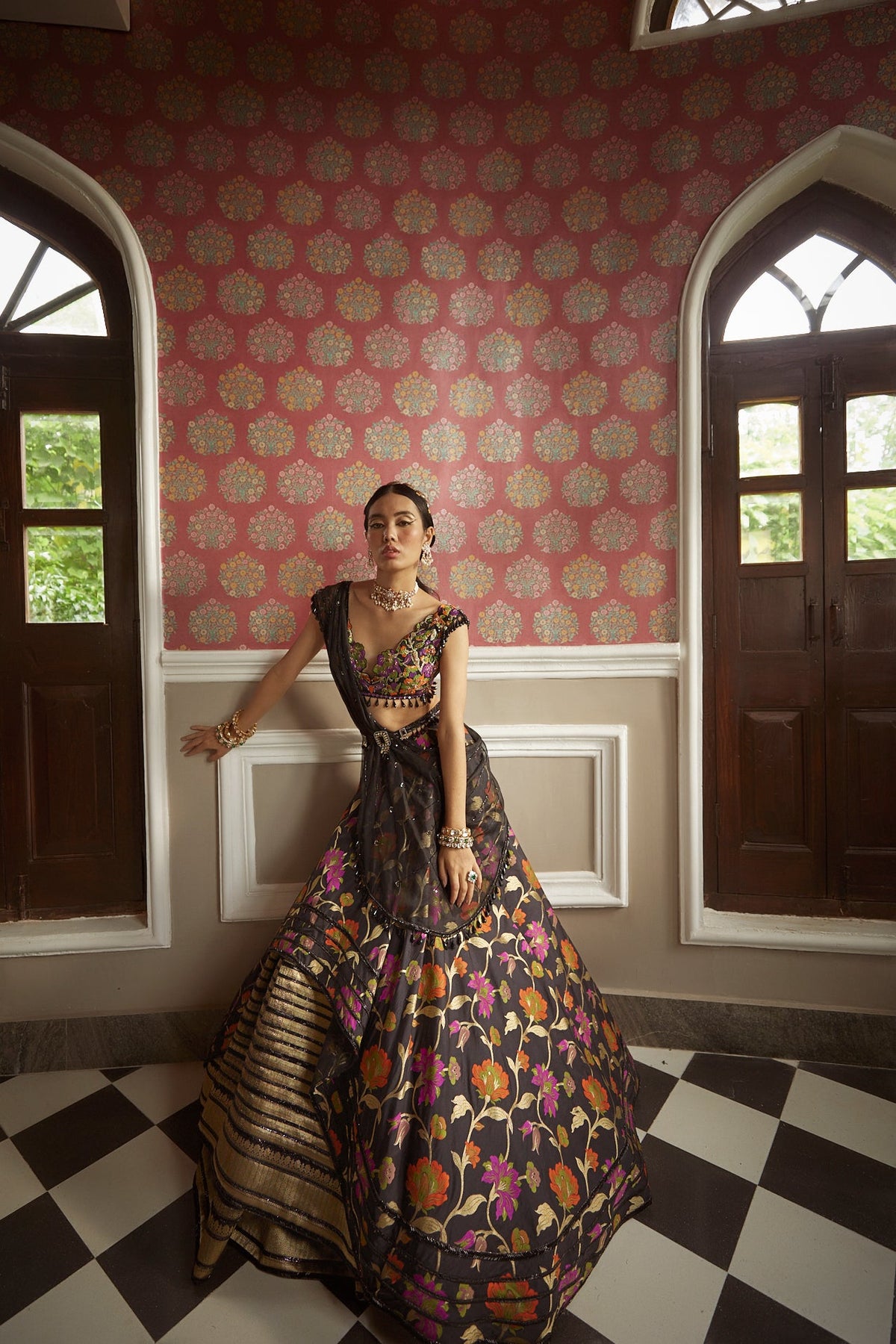 Women's Black-Multicolored Floral Lehenga Set