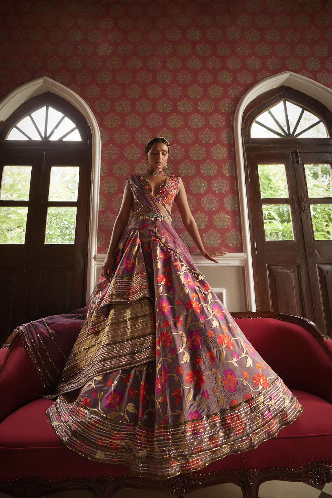 Women's Purple Floral Embroidered Lehenga