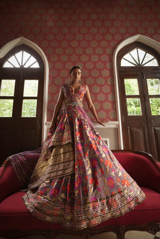 Women's Purple Floral Embroidered Lehenga