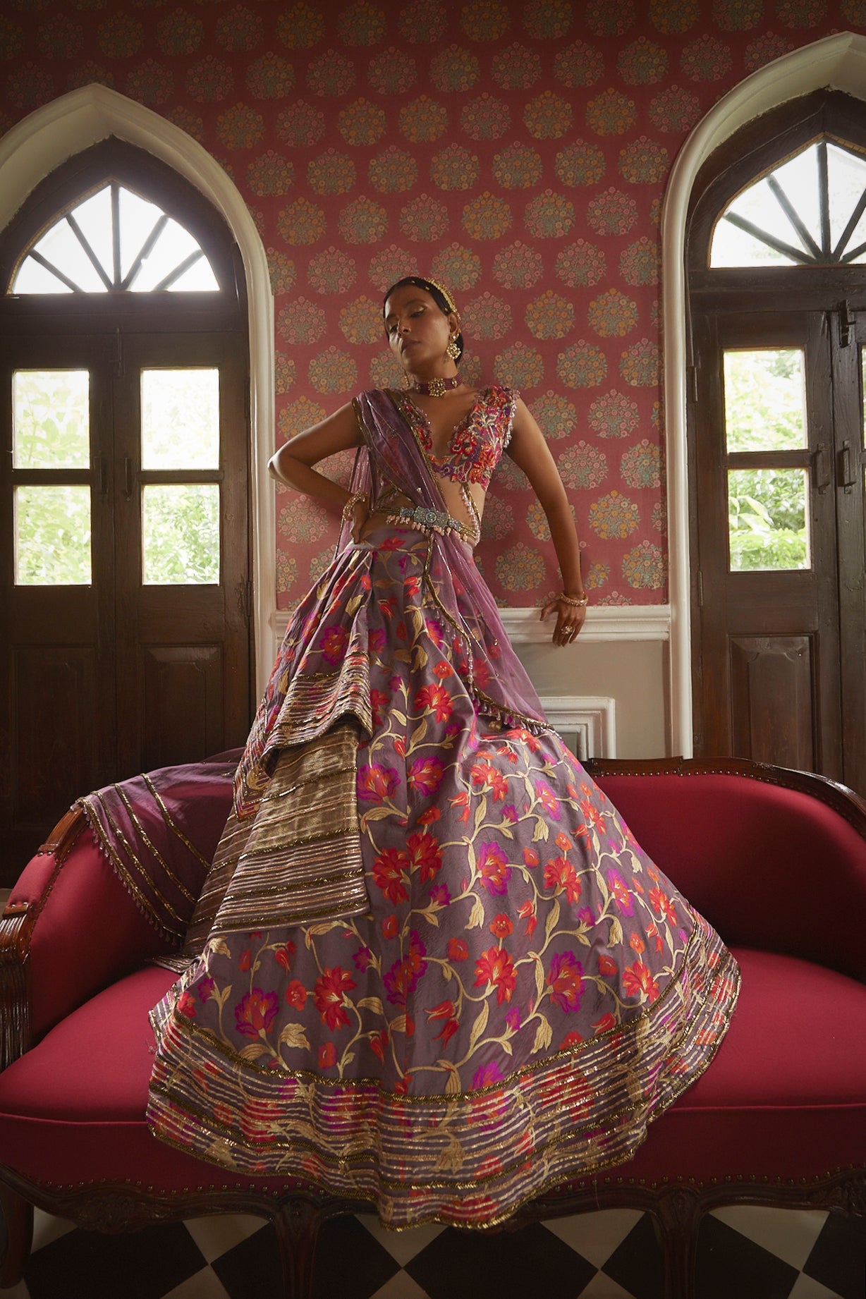 Women's Purple Floral Embroidered Lehenga