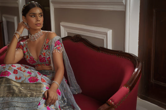 Women's Designer Grey Floral Lehenga Set