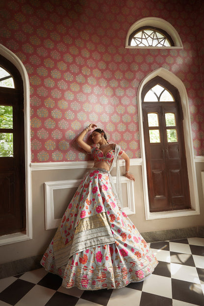 Women's Designer Grey Floral Lehenga Set