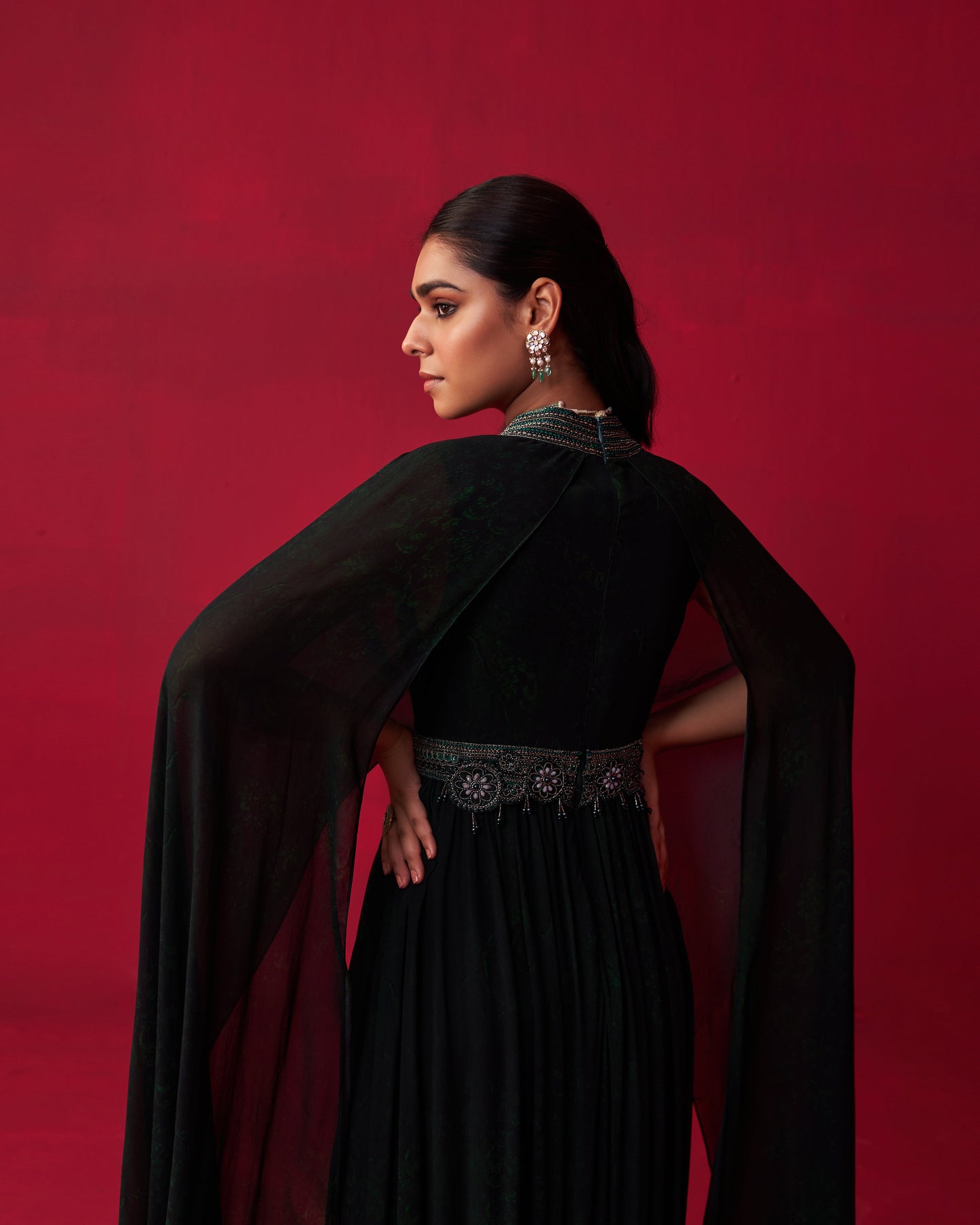 Green Georgette Dewdrop Kaftan