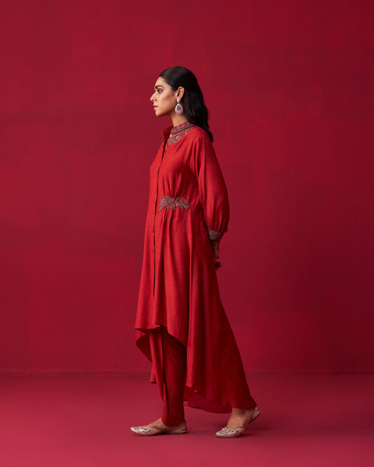 Red Metallic Bliss Shirt Style Tunic, and Dhoti Pants Set