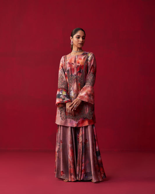 Floral Metallic Bliss Kali Kurta, and Sharara Set