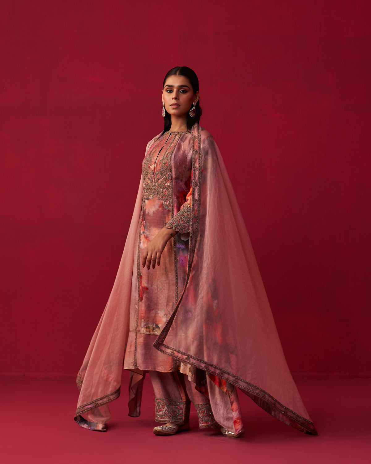 Floral Metallic Bliss Kurta, Dupatta, and Palazzo Set